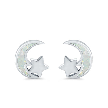 Moon & Star Stud Earrings Lab Created White Opal 925 Sterling Silver (8mm)